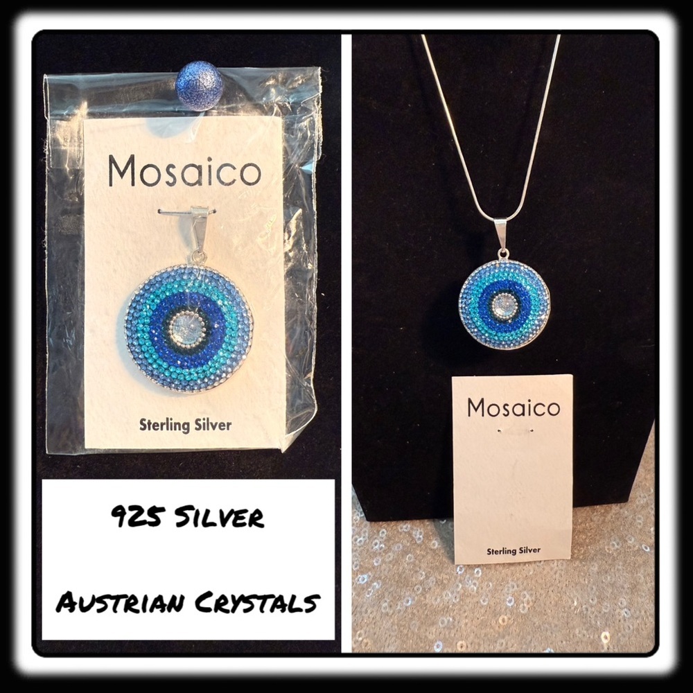 Nwt Mosaico Austrian Crystal Light Blue, Navy, Silver Pendant New Line!